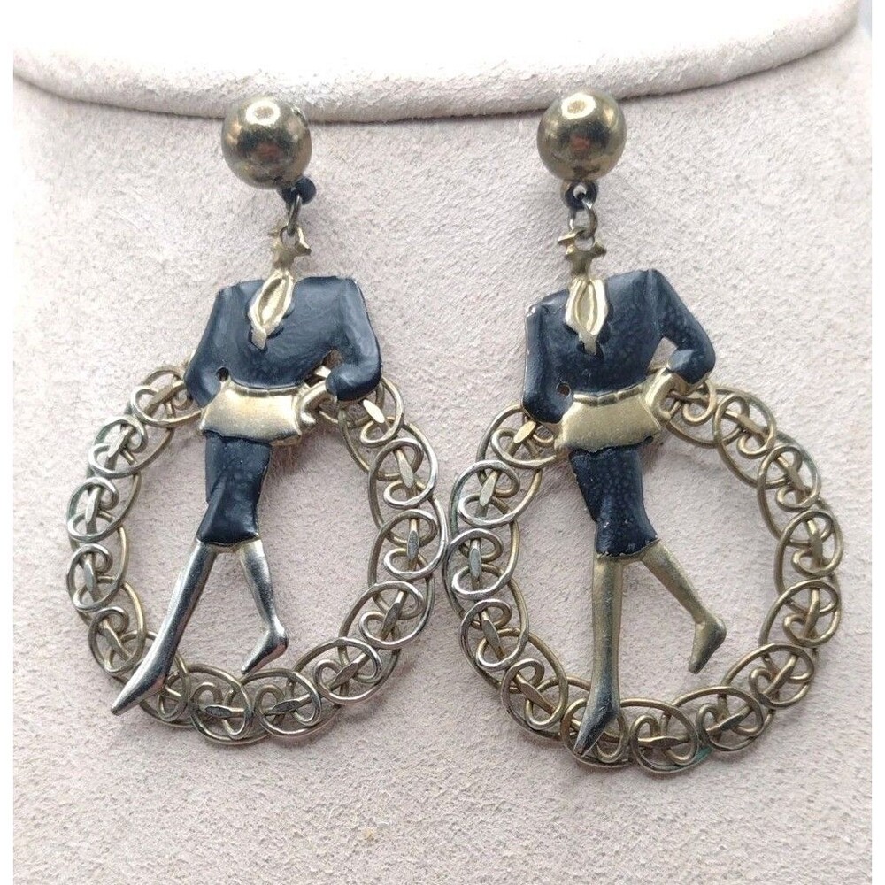 Vintage Fancy Lady Walking Fashion Figure Stud Dangle Hoop Earrings Black Brass